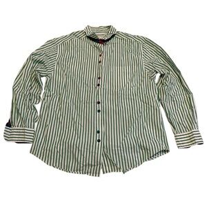 Vintage Talbots M (10) Green White Stripe Cotton Button-Down Shirt